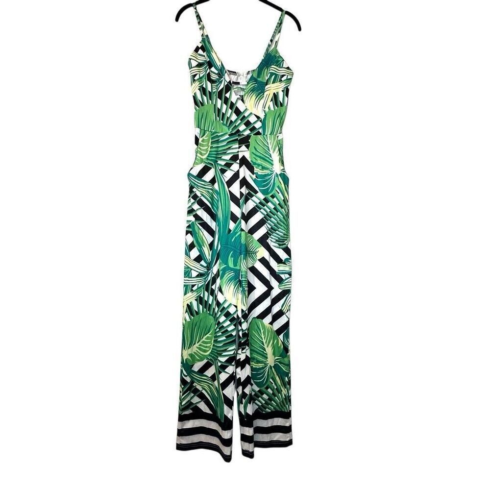 Soho Chic Floral Sleeveless Wide Leg Pockets One Piece Green Black Jumpsuit Smal